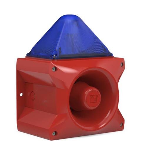 Combiné sirène 107 dB feu flash 5J 24Vcc optique Bleu IP66 IK08 Combiné sirène 107 dB feu flash 5J 24Vcc optique Bleu IP66 IK08