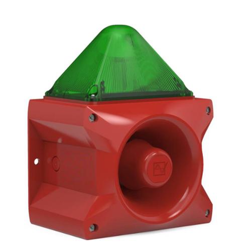 Combiné sirène 107 dB feu flash 10J 24Vcc optique verte IP66 Combiné sirène 107 dB feu flash 10J 24Vcc optique verte IP66
